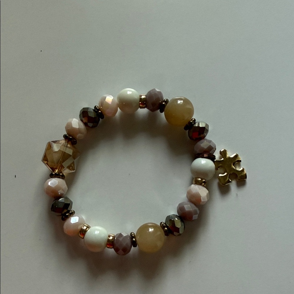 Beaded Stretch Bracelet with Puzzle piece Charm - Pink & Gold Tones